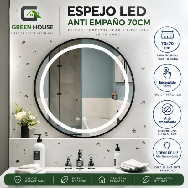 Espejo Circular C-Catallan Negro Antiempañado 3 Tiempos Touch 70 Cm