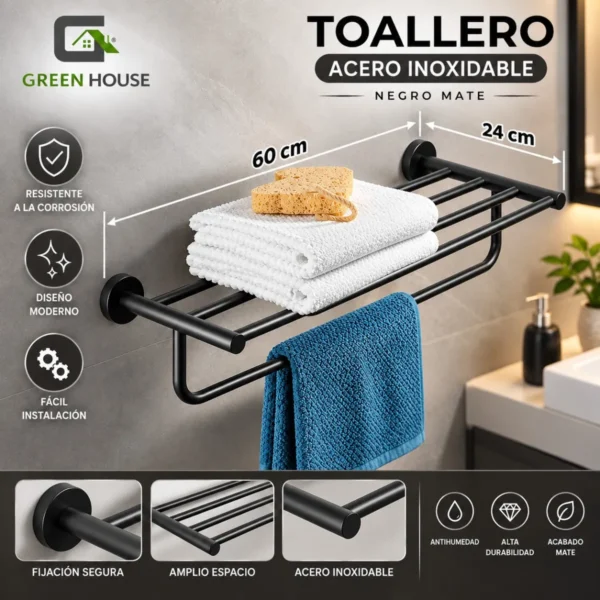 Elegante Toallero Negro Acero Mate 60cm