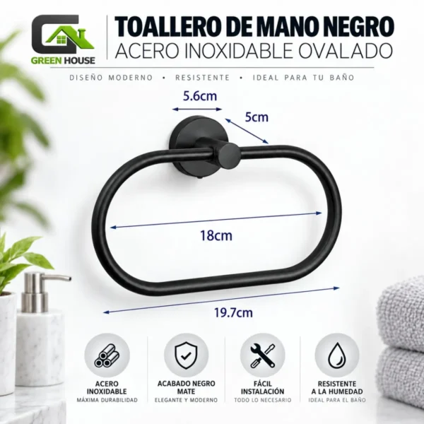 Toallero De Mano  Negro Acero Inoxidable Ovalado