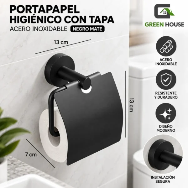 Portapapel Higienico Con Tapa Negro Mate Acero Inoxidable