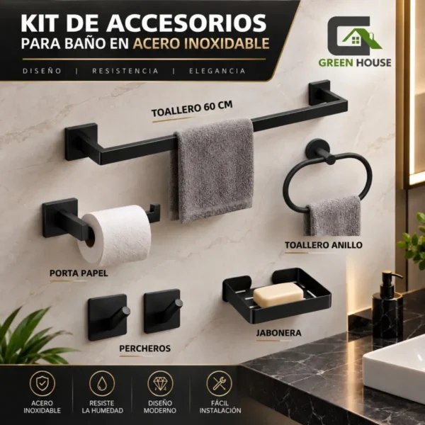 Kit De Baño Acero Inoxidable Negro Mate