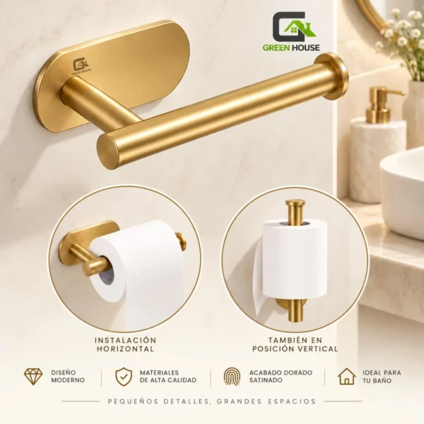 Porta Papel Higienico Autoadhesivo Dorado Satinado Acero Inoxidable 16cm