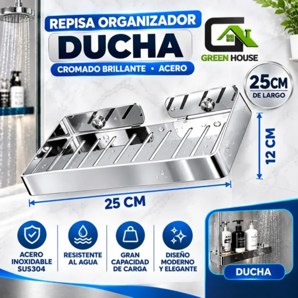 Repisa Organizador Ducha Cromado Brillante Acero Inoxidable 25cm