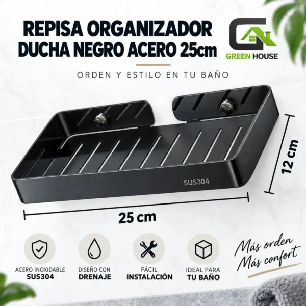 Repisa Organizador Ducha Negro Acero Inoxidable  25cm