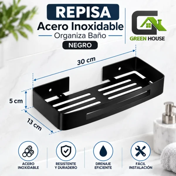 Repisa Negro Acero Inoxidable Organiza Baño 30Cm