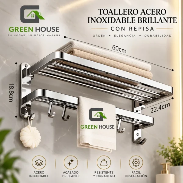 Toallero Elegante Acero Inoxidable Cromado  Brillante Con Repisa