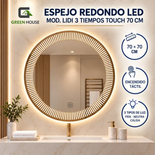 Espejo Redondo Led Mod.C- Lidi 3 Tiempos Touch 70 Cm