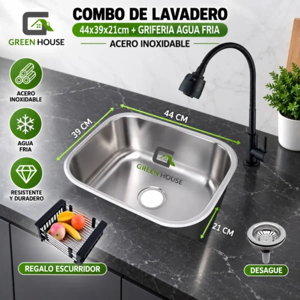 Combo De Lavadero 44x39x21cm  + Griferia  Agua Fria  Acero Inoxidable