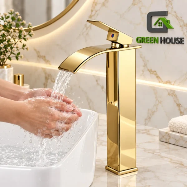 Mezcladora De Lavatorio Dorado Brillante 30cm  Alta Cascada