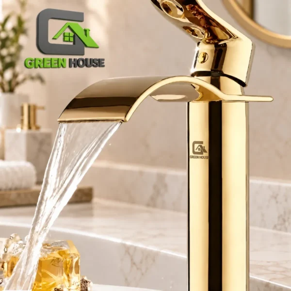 Mezcladora De Lavatorio Dorado Elegante Alta Cascada Curva
