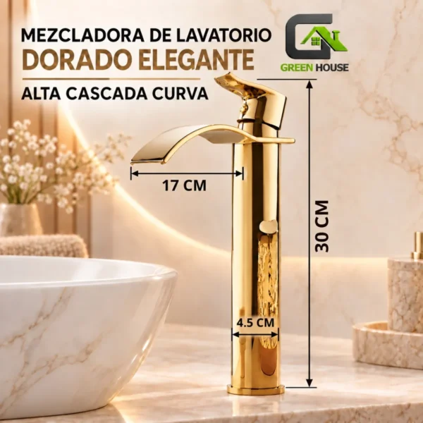 Mezcladora De Lavatorio Dorado Elegante Alta Cascada Curva