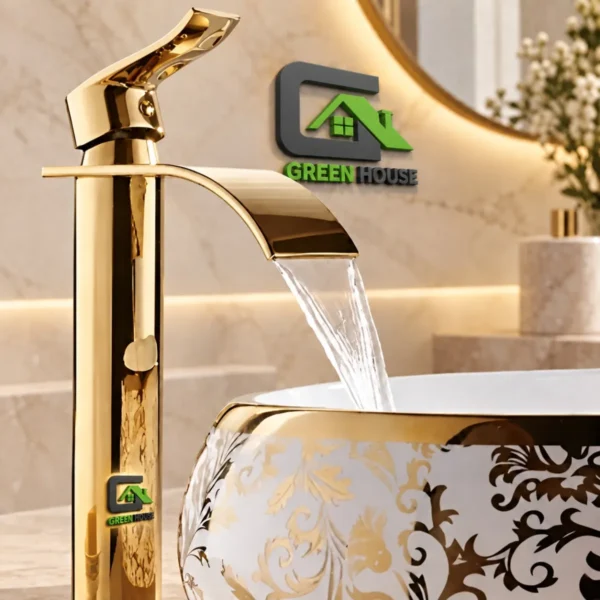 Mezcladora De Lavatorio Dorado Elegante Alta Cascada Curva