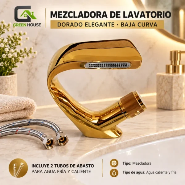 Mezcladora De Lavatorio Dorado Brillante Baja Curva