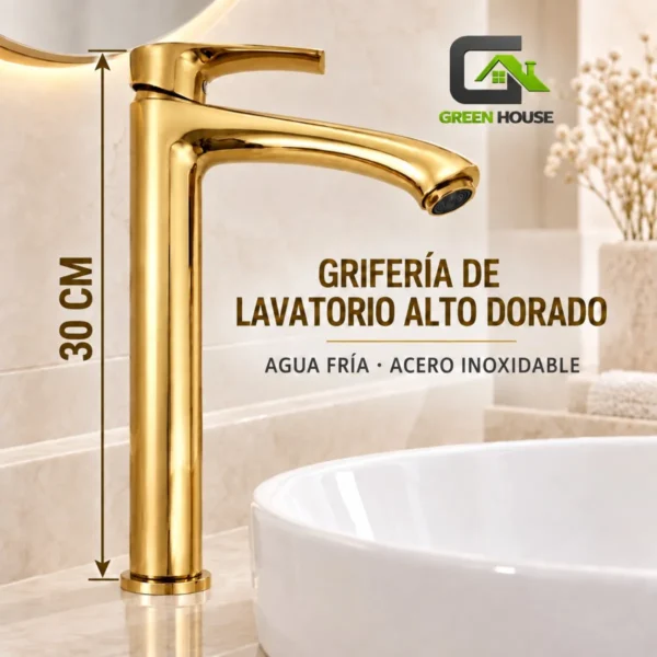 Griferia De Lavatorio Dorado Brillante Agua Fria 30cm