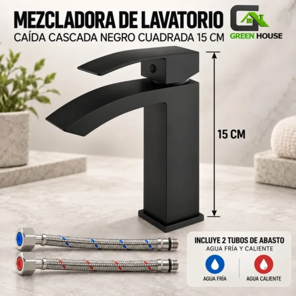Mezcladora De Lavatorio Caida Cascada Negro Cuadrada 15cm Acero Inoxidable