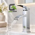 Mezcladora De Lavatorio Caida Cascada Cromada Brillante 15cm Cuadrada
