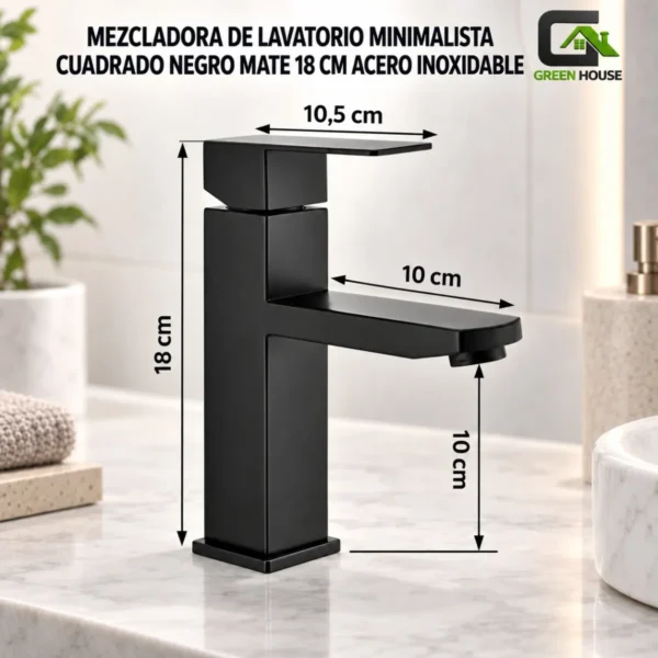 Mezcladora De Lavatorio Minimalista Cuadrado Negro Mate 30cm Acero Inoxidable