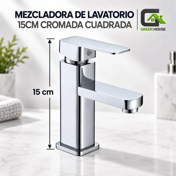 Mezcladora De Lavatorio 15cm Cromada Brillante Cuadrada