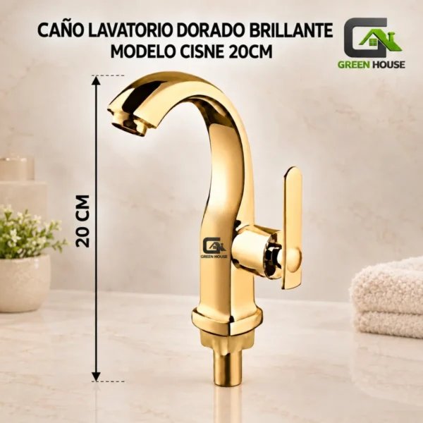 Caño Lavatorio Dorado Brillante Modelo Cisne 20cm Acero Inoxidable