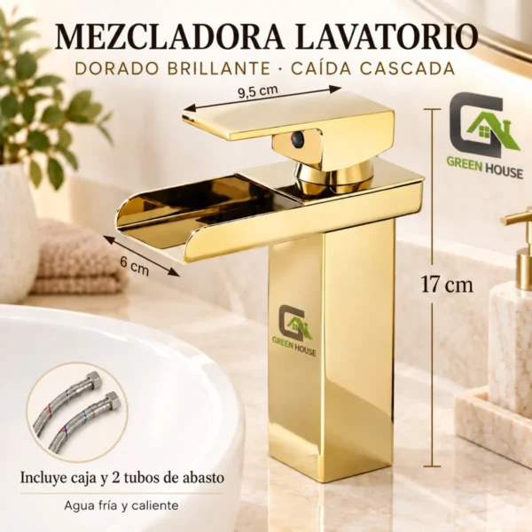 Mezcladora Lavatorio Dorado Brillante Caida Cascada 17cm Acero Inoxidable