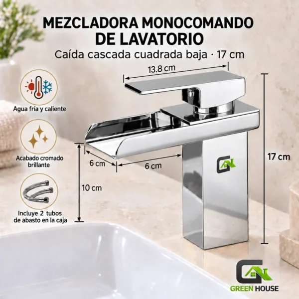 Mezcladora Monocomando De Lavatorio Caida Cascada Cuadrada Baja 17Cm Acero Inoxidable