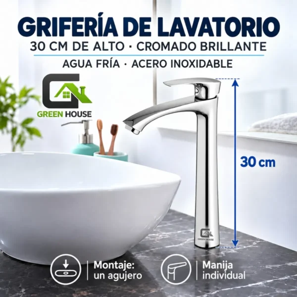 Griferia De Lavatorio 30cm Alto Cromado Brillante Agua Fria Acero Inoxidable