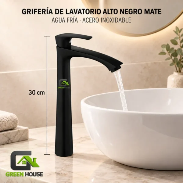 Griferia De Lavatorio Alto Negro Mate Agua Fria