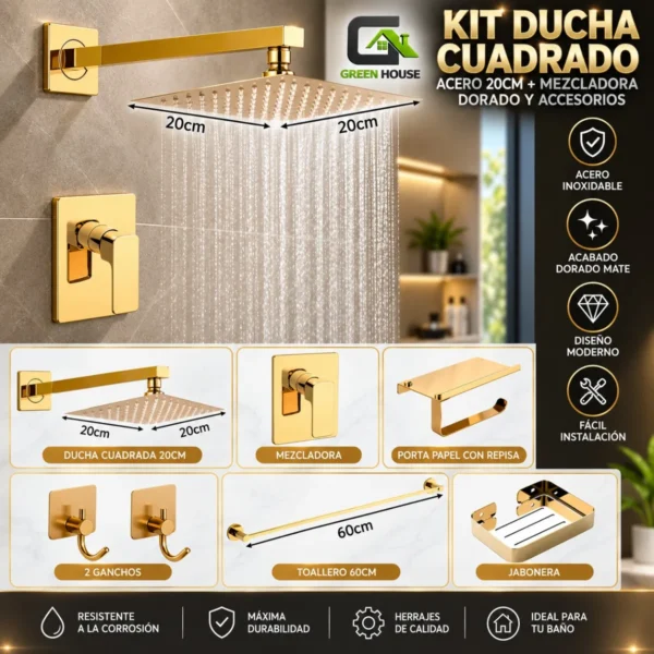 Kit Ducha Cuadrado Acero 20cm + Mezcladora Dorado Y Accesorios
