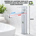 Griferia De Lavatorio 30cm Alto Cromado Agua Fria Pico Largo Acero Inoxidable