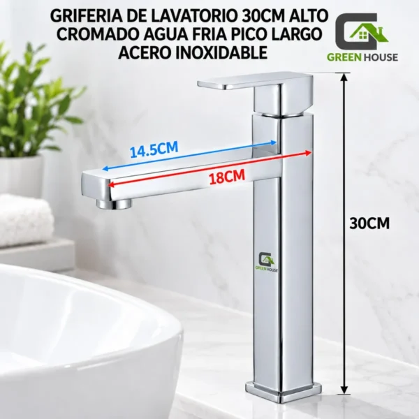Griferia De Lavatorio 30cm Alto Cromado Agua Fria Pico Largo Acero Inoxidable