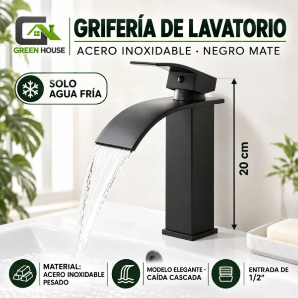 Griferia Lavatorio Acero Inoxidable Negro Mate Solo Agua Fria 20cm