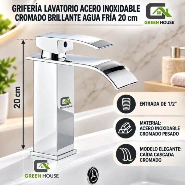 Griferia Lavatorio Acero Inoxidable Cromado Brillante Agua Fria 20cm