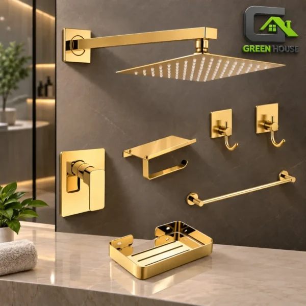 Kit Ducha Cuadrado Acero 20cm + Mezcladora Dorado Y Accesorios