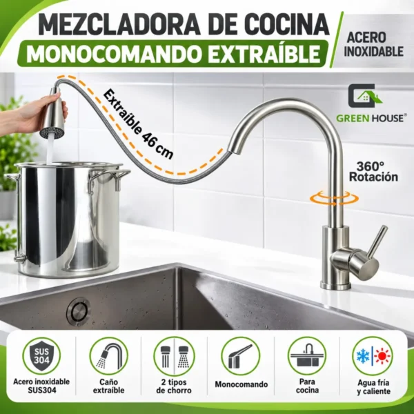 Mezcladora De Cocina Monocomando Extraible Acero Inoxidable