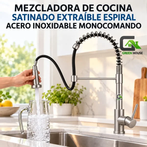Mezcladora De Cocina Satinado Extraible Espiral Acero Inoxidable Monocomando