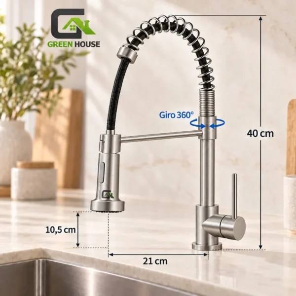Mezcladora De Cocina Satinado Extraible Espiral Acero Inoxidable Monocomando