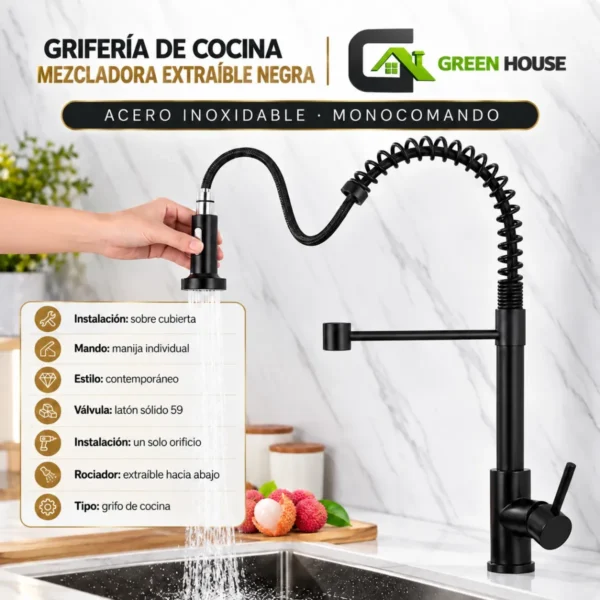 Griferia Cocina Mezcladora Extraible Negra Acero Inoxidable Monocomando