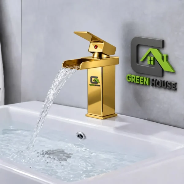 Mezcladora Lavatorio Dorado Brillante Caida Cascada 17cm Acero Inoxidable