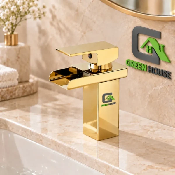 Mezcladora Lavatorio Dorado Brillante Caida Cascada 17cm Acero Inoxidable