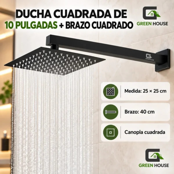 Ducha Cuadrada  Negro De 10 Pulgadas Mas Brazo Cuadrado