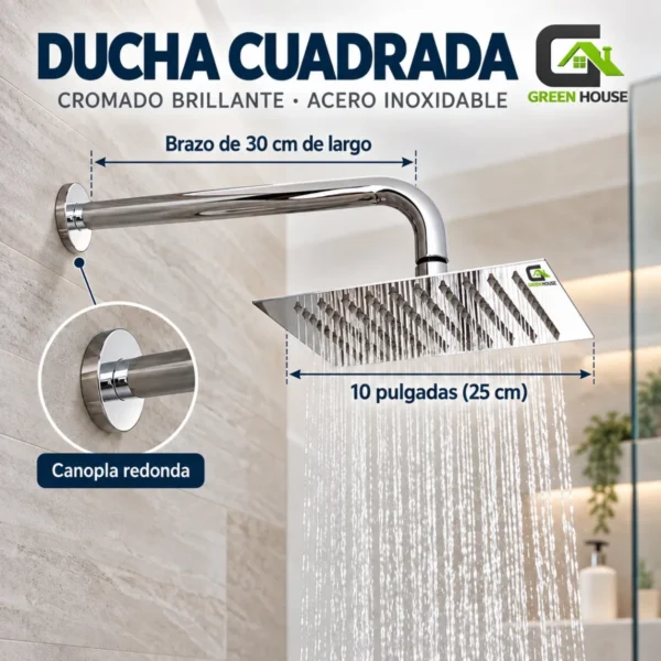 Ducha Cuadrada Cromado Brillante De 10 Pulgadas Acero Inoxidable