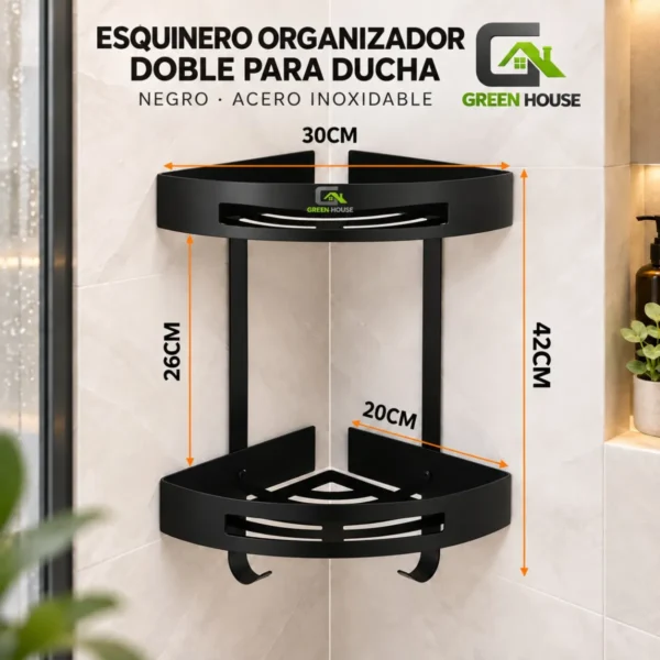 Esquinero Organizador Doble Para Ducha Negro Acero Inoxidable