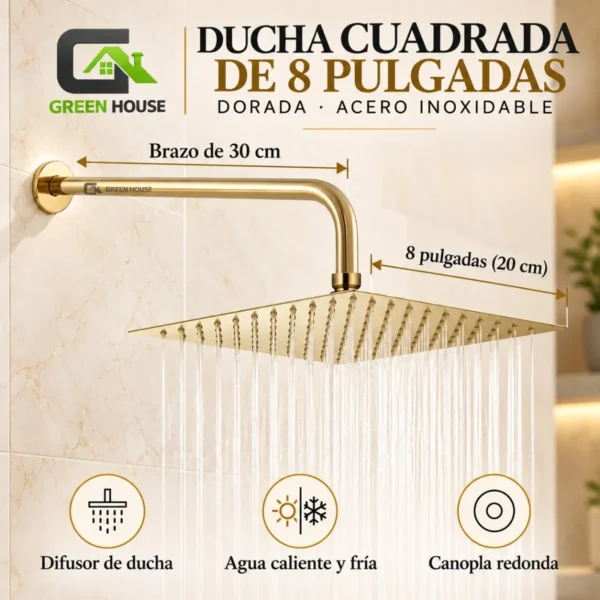 Ducha Cuadrada De 8 Pulgadas Dorada Acero Inoxidable