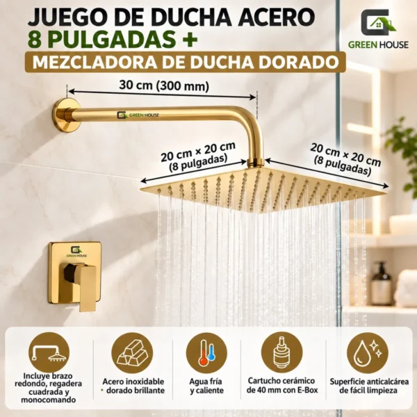 Juego De Ducha Acero Inoxidable  8 Pulgadas + Mezcladora De Ducha Dorado Brillante