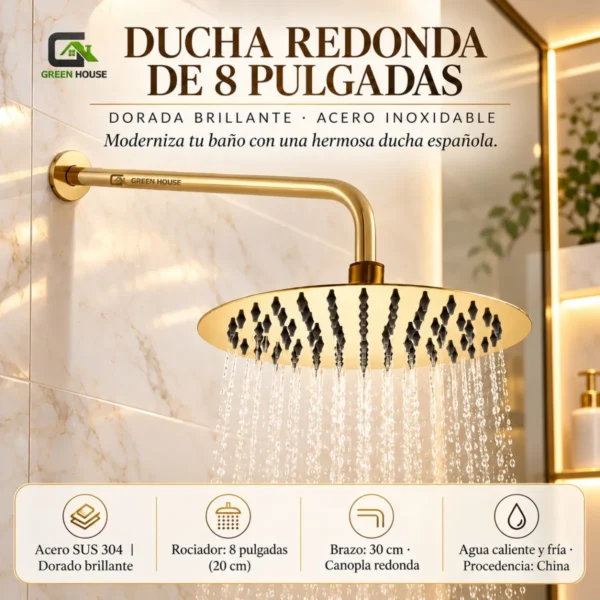 Ducha Redonda De 8 Pulgadas Dorada Brillante Acero Inoxidable