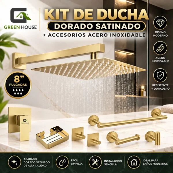 Kit De Ducha 8 Pulgadas Acero Satinado + Accesorios Dorado Satinado