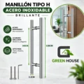 Manillon H Acero Inoxidable 120cm Brillante Puerta Madera - Vidrio- Metal