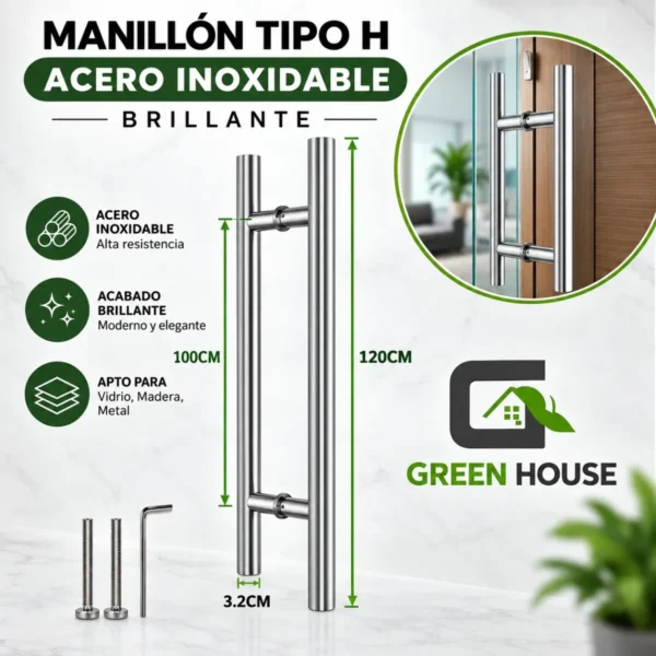 Manillon H Acero Inoxidable 120cm Brillante Puerta Madera - Vidrio- Metal