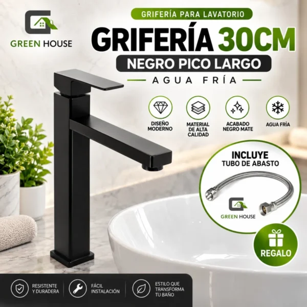 Griferia De Lavatorio Agua Fria Pico Largo 30cm Negro Mate