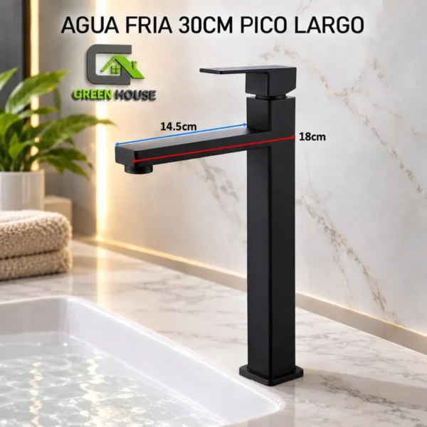 Griferia De Lavatorio Agua Fria Pico Largo 30cm Negro Mate